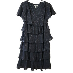 Patra Tiered Chiffon Dress 16W Black Cocktail Sparkle Geometric Pattern